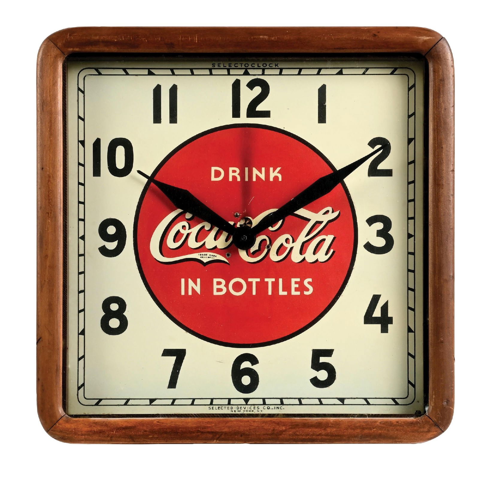 WOODEN COCA-COLA ADVERTISING CLOCK: CONDITION: Showing original wood frame with tin front, original hands and the original instructions in the back from the Selected Devices Co., New York. Showing original tin front with very light wear