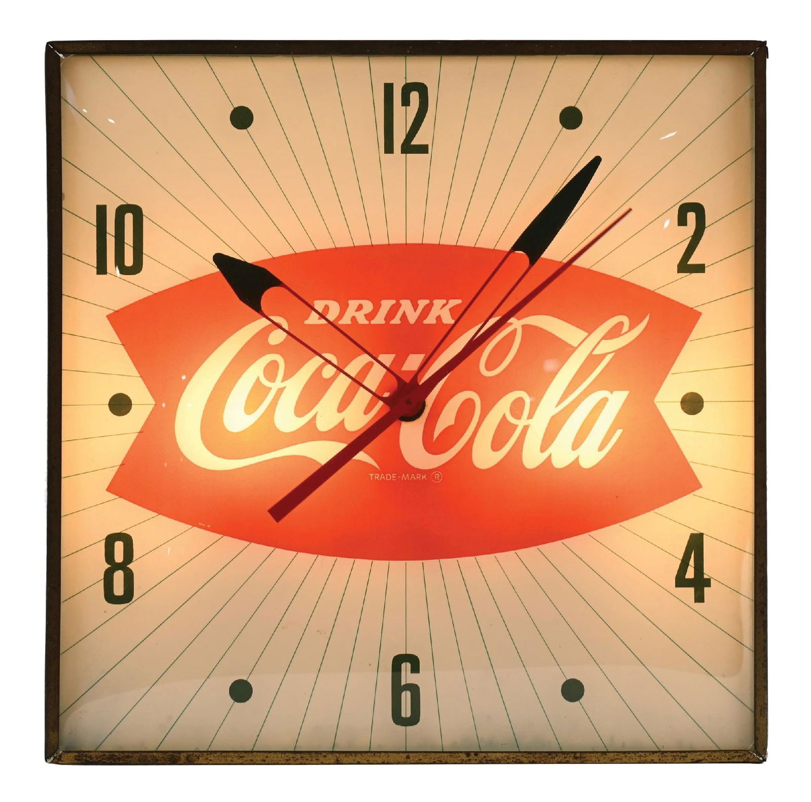 ORIGINAL SQUARE COCA-COLA LIGHT-UP BUBBLE CLOCK: CONDITION: It shows the original can, light-up clock face, hands, and partial manufacturer's label on the back. It shows areas of missing paint and oxidation to the frame around the bubble clock. No b