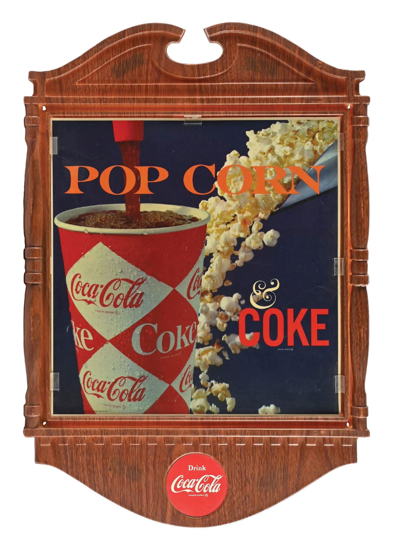 COCA-COLA "POPCORN AND COKE" VACU-FORM PLASTIC SIGN: Single-Sided Vacu-Form Sign for Coca-Cola showing popcorn and cup graphic. CONDITION: Overall excellent, showing minimal areas of light storage wear. Minor break at the right side, but not noticeable