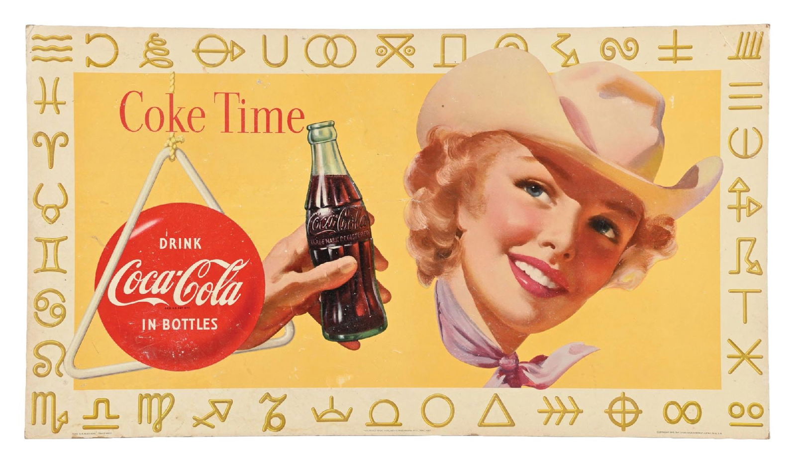 COCA COLA COKE TIME CARD STOCK SIGN.: Single Sided Card Stock. CONDITION: Very good color throughout showing light areas of surface scratching and wear with some minor areas of color loss. Graphics are in very good condition, outer edges