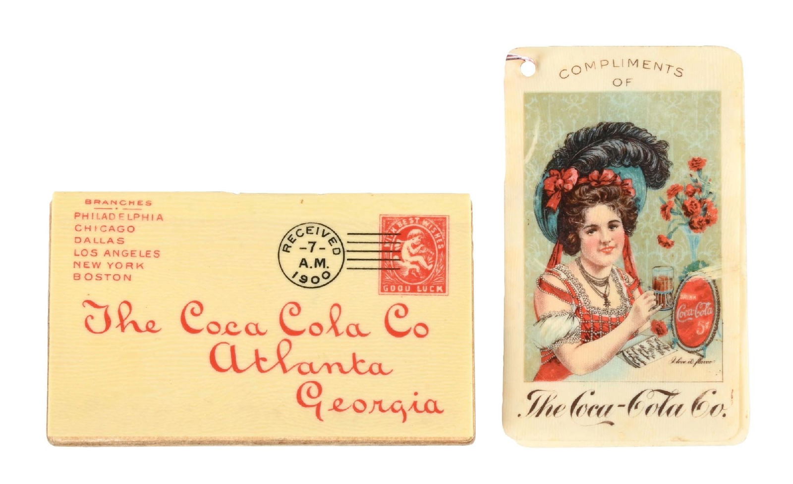 PAIR OF RARE CELLULOID COCA-COLA MEMORABILIA: CONDITION: (A) An early celluloid Delicious and Refreshing calendar from 1900. It shows all of the months, January through December inside, with celluloid front and back covering like an envelope