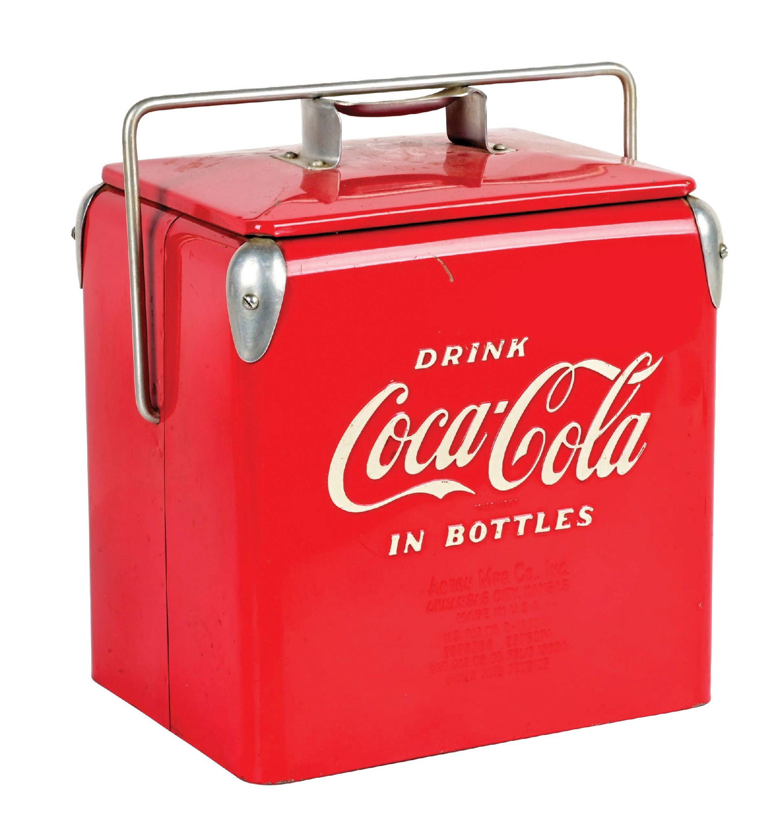 SMALL COCA-COLA PICNIC COOLER: CONDITION: Showing original paint, original handle and lid, with no rust or corrosion to the interior. Light paint scuffs and scrapes, consistent with age and use. Condition: (8.0). Dimensions: 13 -