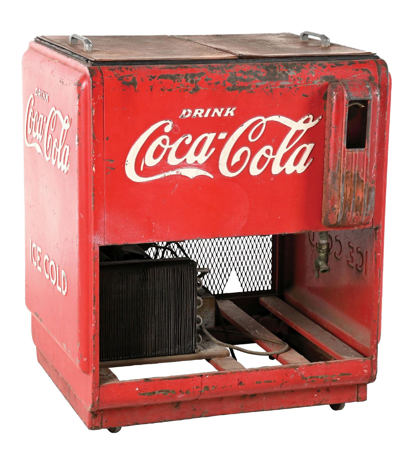 ORIGINAL COCA COLA COOLER.: C. 1950s. CONDITION: Cooler is in all original condition showing original paint throughout all sides. Cooler shows heavy wear and patina throughout giving the piece and excellent worn in look. Cooler