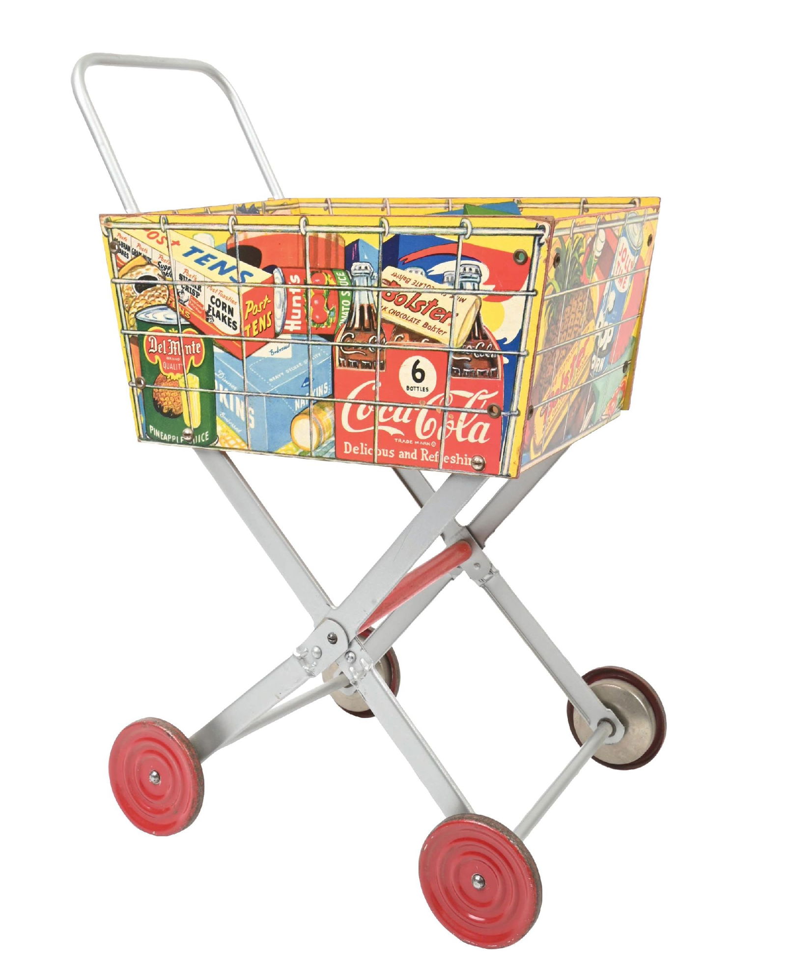 COCA-COLA TOY SHOPPING CART: This c. 1950s toy shopping cart shows a six-pack of Coca-Cola with various other grocery items. The cart is made of Masonite with a metal frame and wheels, which ring a bell when the cart is pushed.