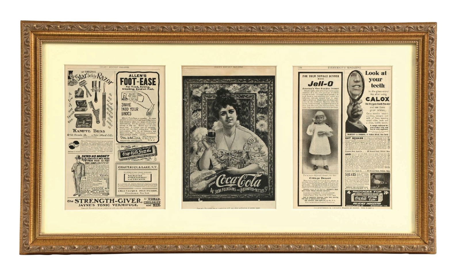 FRAMED COCA-COLA ADVERTISEMENTS FROM LESLIE'S MAGAZINE: A nice collection of three c. 1902 paper advertisements from Leslie's Monthly Magazine featuring Coca-Cola, most notably Hilda Clark in the center. CONDITION: All three pieces are nicely preserved