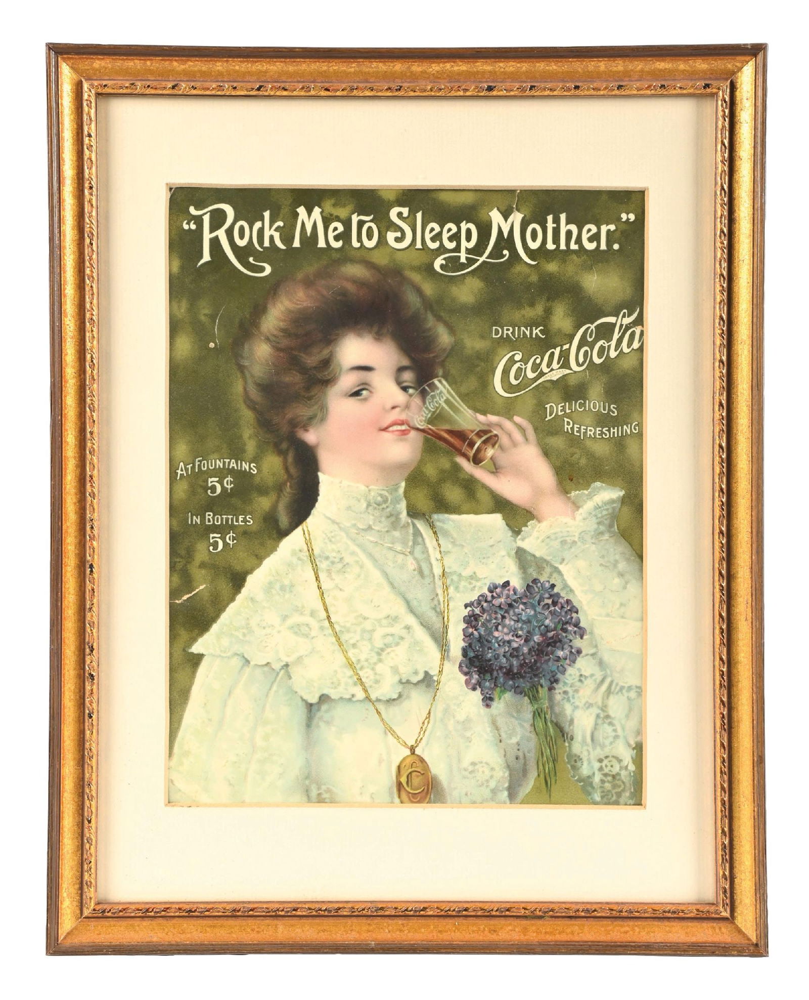 FRAMED COCA-COLA SHEET MUSIC FOR "ROCK ME TO SLEEP MOTHER": CONDITION: It shows good color, with light rips over the "M" in "Mother" and 3 o'clock under the 5¢ mark in the main field. It shows light creasing overall. Condition: (8.5). Dimensions: 19" x