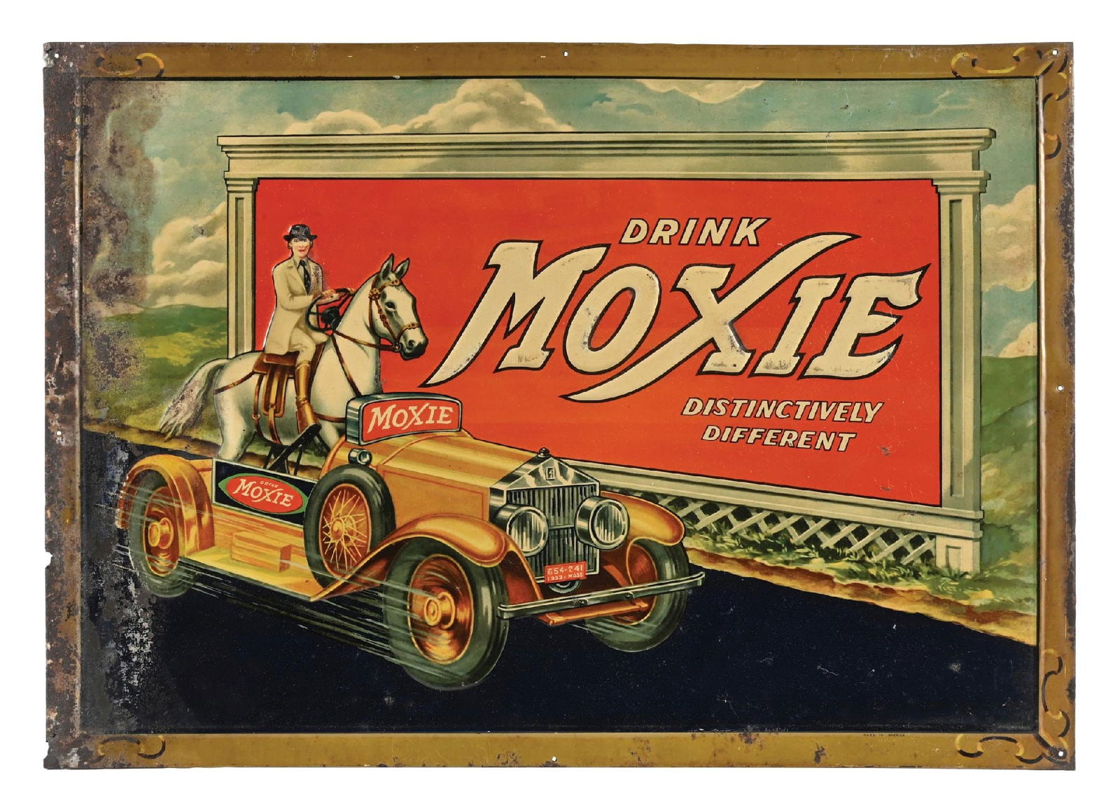 MOXIE "DISTINCTIVELY DIFFERENT" SODA POP EMBOSSED TIN SIGN: SST. C. 1930s. CONDITION: Sign shows bright color and gloss throughout, with minor areas of light surface wear throughout the field. Heavier wear at the outer edges with rusting and paint loss