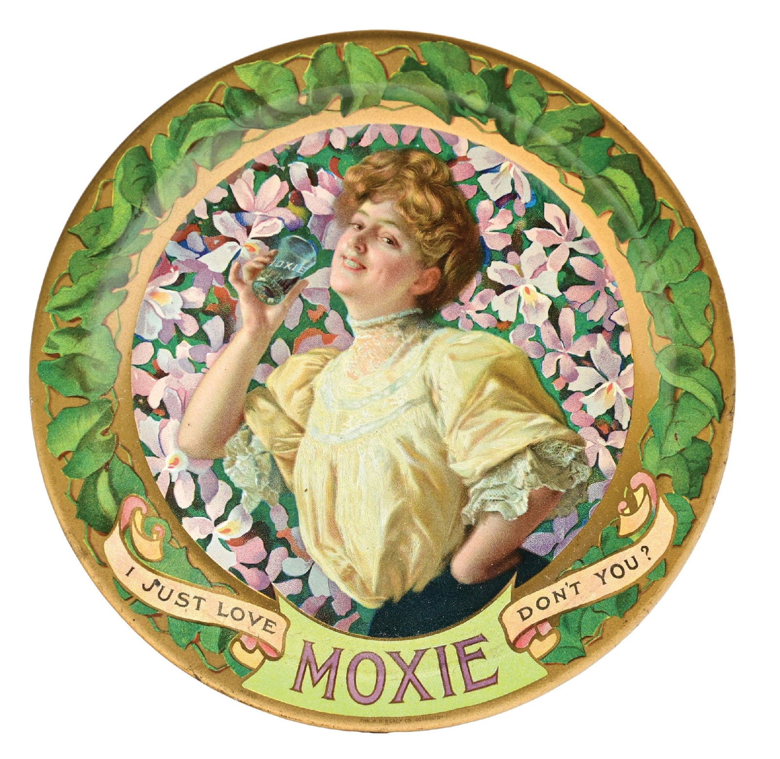 MOXIE TIN TIP TRAY: SST. CONDITION: Showing modest edge wear with no significant damage noted in the main field. Very good color and shine, an excellent example of this tip tray. Condition: (9.0). Dimensions: 6" Dia.