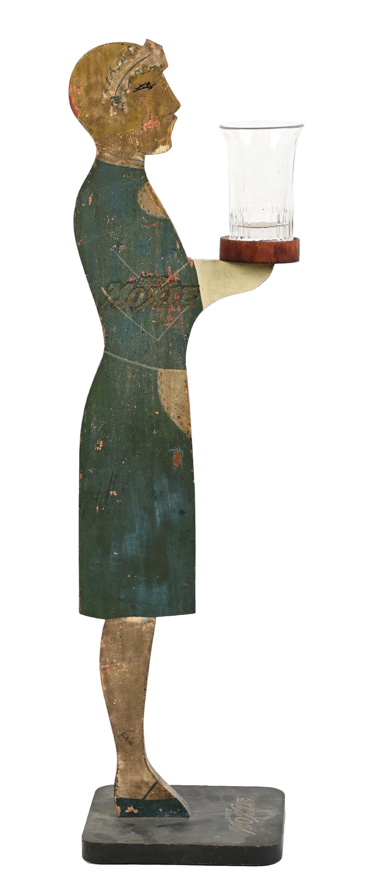 PAIR OF MOXIE SODA ADVERTISING ITEMS: CONDITION: (A) A wood stand-up waitress, marked "Moxie" on the base and stamped "Moxie" on both sides. It shows original paint that has faded, and overall scuffs and scratches to the paint. (7.0).