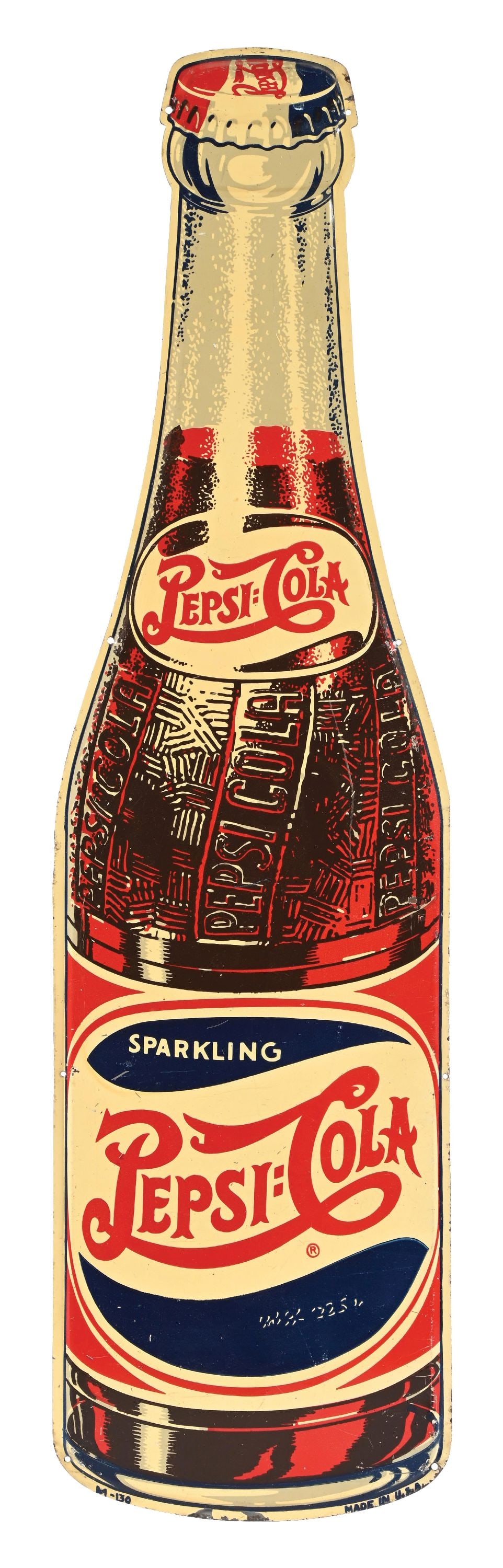 DIE-CUT TIN PEPSI-COLA BOTTLE SIGN: SST. Maker marked in the USA. CONDITION: It shows moderate edgewear, primarily to the lower edges. Light scuffs and scrapes in main field, with good color and shine. Condition: (8.0). Dimensions: 8" x