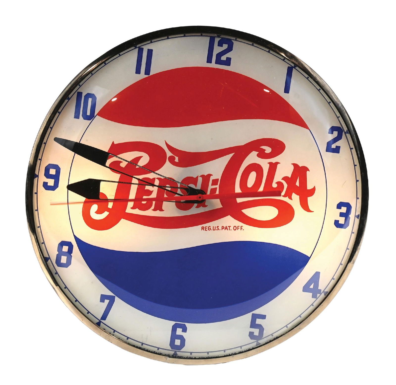 PEPSI-COLA PAM LIGHT-UP BUBBLE CLOCK: CONDITION: It shows an original glass face, with no cracks or breaks. It has the original bubble and can, with no breaks or repairs. The can itself has oxidized, with very little original paint and so