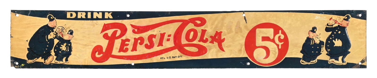 DRINK 5¢ PEPSI-COLA EMBOSSED TIN STRIP SIGN (1 of 3)