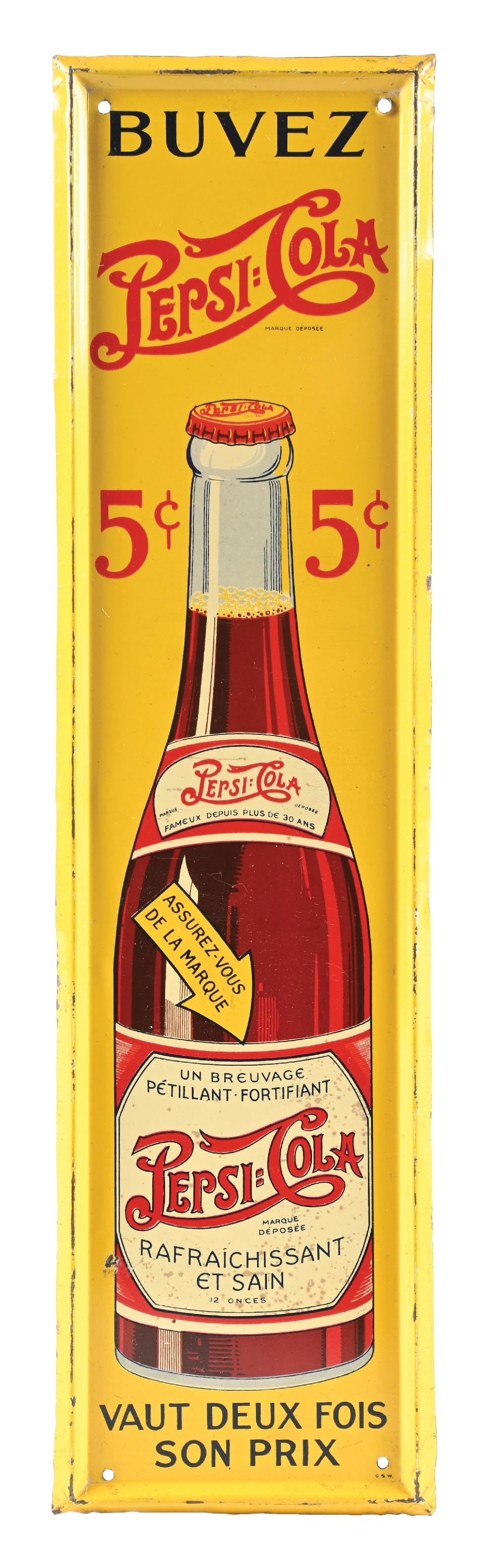 PEPSI COLA TIN SIGN W/ SELF-FRAMED OUTER EDGE: SST. CONDITION: Sign shows excellent color & gloss in the field, with some minor areas of light surface scratches as well as some minimal age spotting. Light paint loss along the raised outer edges.