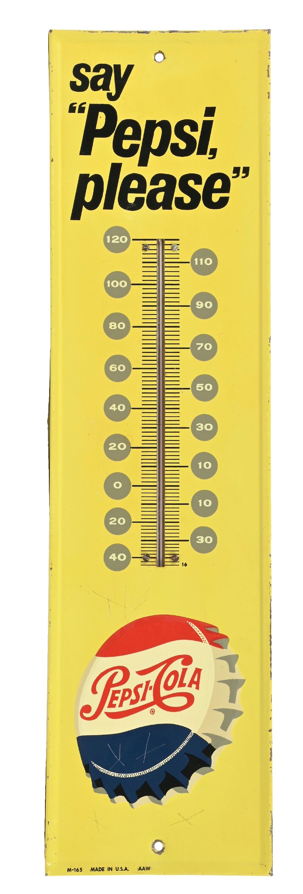 PEPSI-COLA EMBOSSED TIN SIGN W/ BOTTLE CAP GRAPHIC: SST. C. 1950s. CONDITION: Excellent color and gloss, with minor surface scratching in the inner and outer field. Light areas of paint loss along the raised outer edge. Tube is intact, but does not