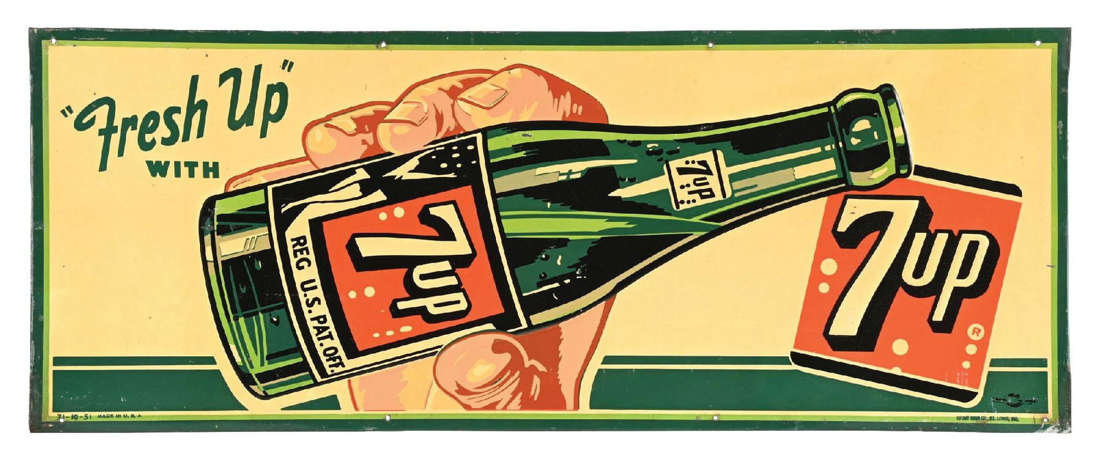 TIN ROLLED EDGE VERTICAL ADVERTISING SIGN FOR 7UP: Single-sided rolled edge tin. Dated 1951, and maker marked for the Stout Sign Company of St. Louis. CONDITION: It shows moderate edgewear on all four edges, as well as light scuffs and scratches