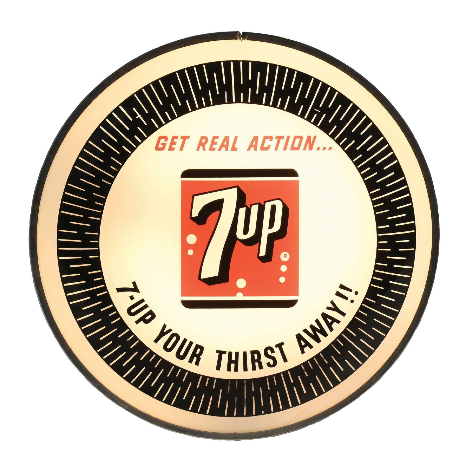 7UP SODA GLASS LIGHT-UP SIGN: C. 1940s-1950s. CONDITION: Solid, clean example, little to no wear. Lights, but does not have original motion piece inside. Condition: (9.0). Dimensions: 15" D. x 2 - 1/2" W.