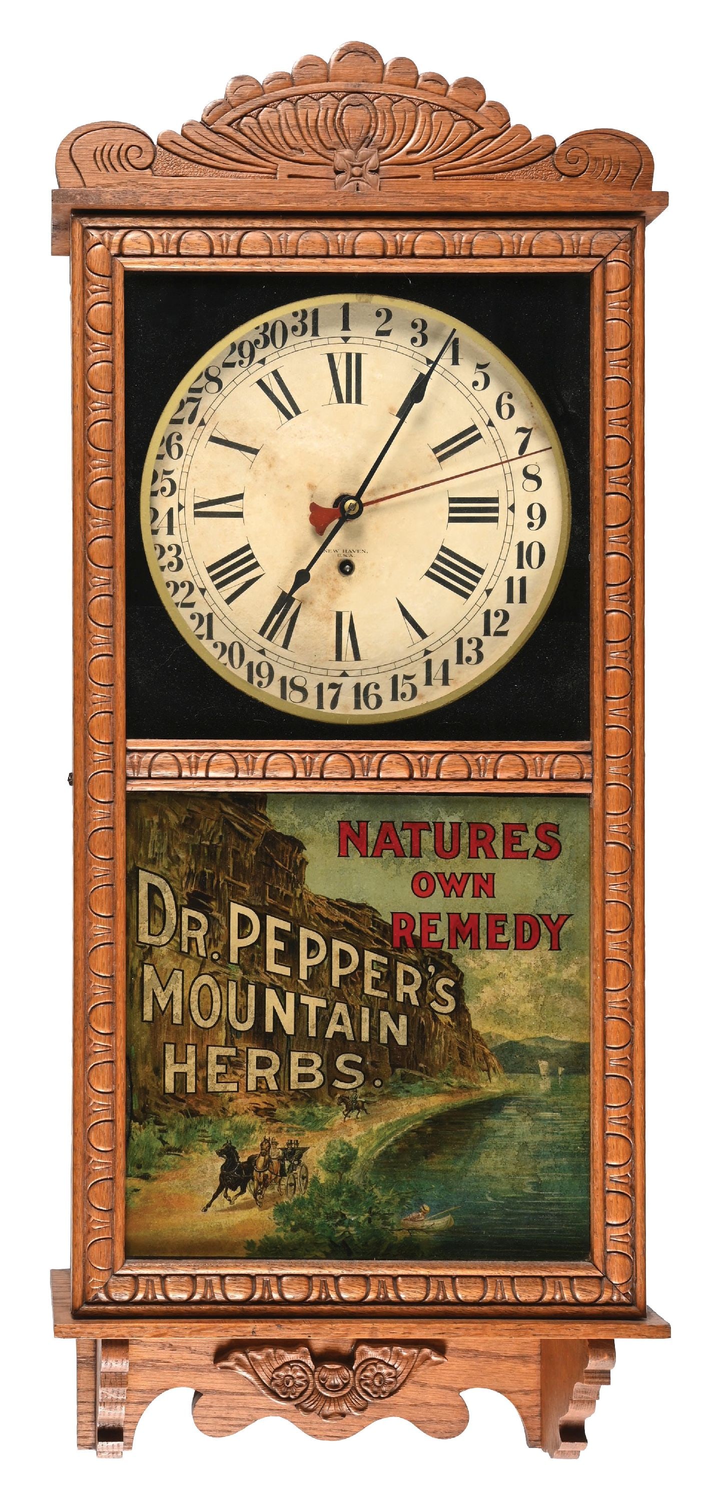 NEW HAVEN CLOCK CO. REGULATOR WALL CLOCK ADVERTISING DR. PEPPER'S MOUNTAIN HERBS: CONDITION: It shows an original oak carved case with an original carved gallery top. It has an original pendulum and clock face, marked for the New Haven Clock Company out of New Haven, Connecticut. I