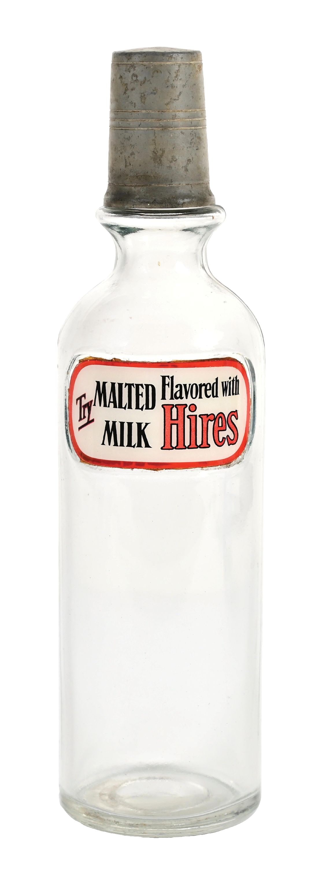 ORIGINAL HIRES MALTED MILK LABEL UNDER GLASS SYRUP BOTTLE: CONDITION: It shows no breaks or repairs in the bottle. It has an 100% label with no cracks, and it has an aluminum top. Condition: (9.0). Dimensions: 12 - 1/2" T.