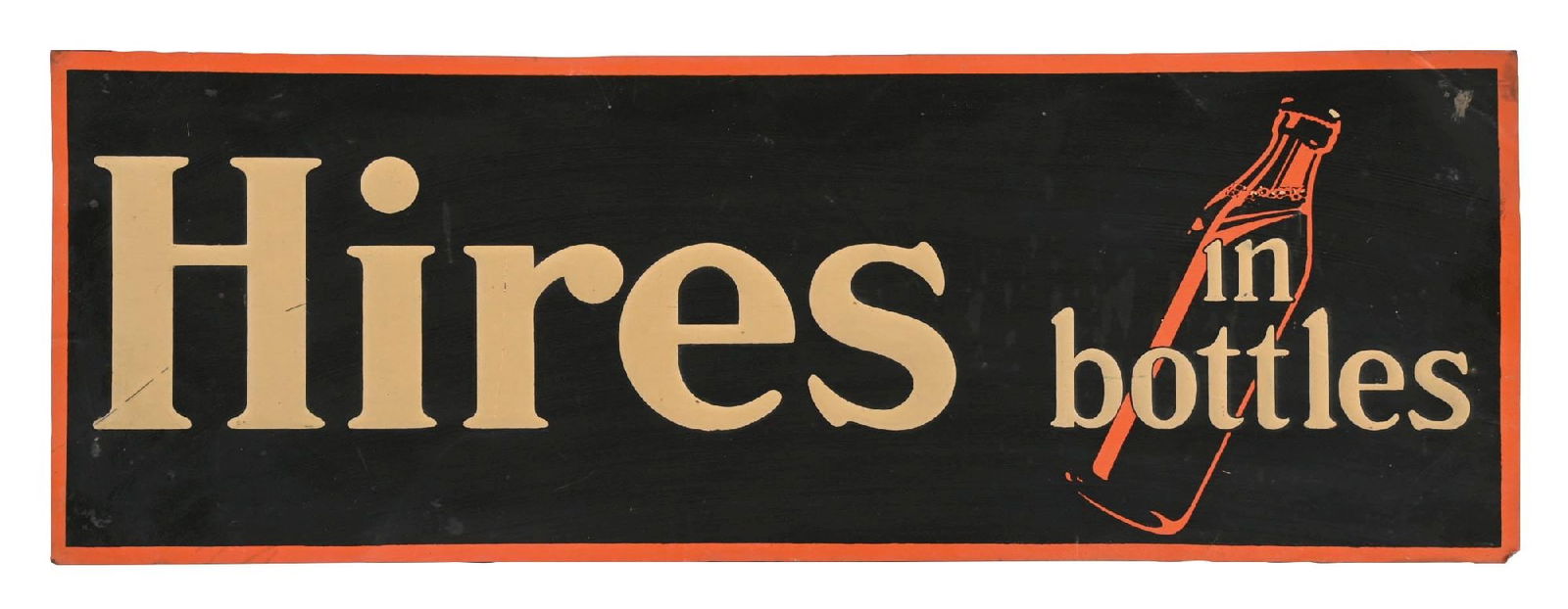 HIRES ROOT BEER EMBOSSED TIN SIGN W/ BOTTLE GRAPHIC: SST. CONDITION: Fair color and gloss throughout, showing minor areas of light surface wear in the field as well as some shallow denting. Light paint loss at the edges and corners. Condition: (8.0).