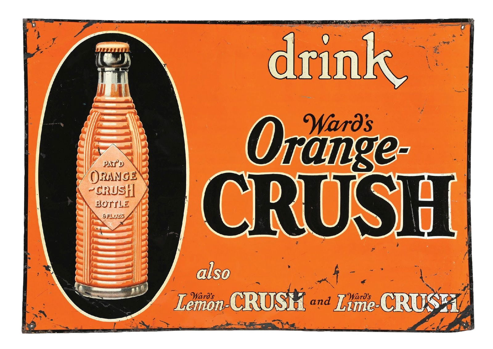 DRINK WARD'S ORANGE CRUSH TIN SIGN W/ BOTTLE GRAPHIC (1 of 2)