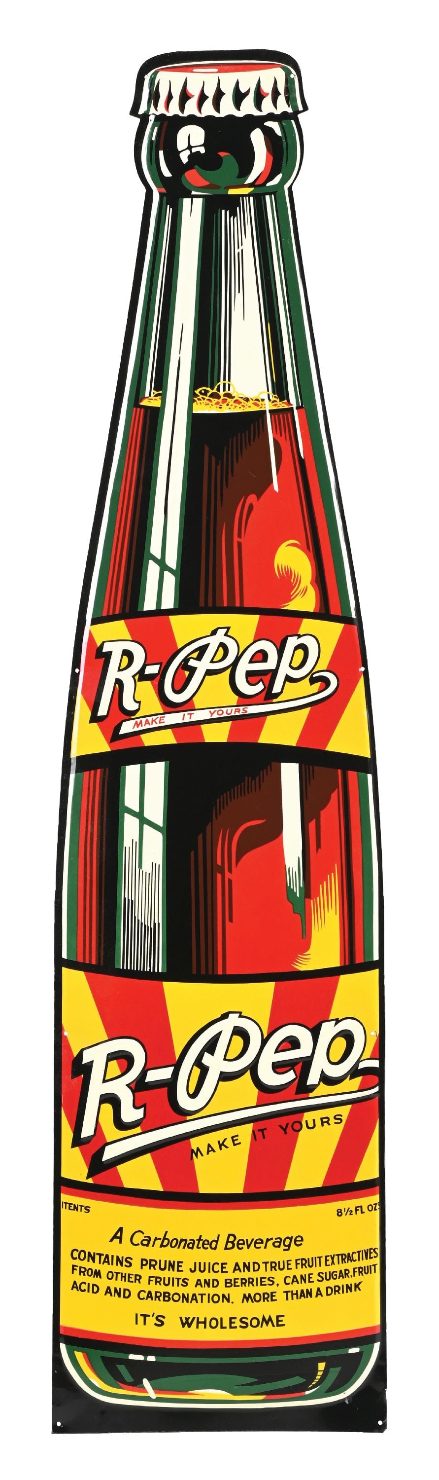 R-PEP SODA POP EMBOSSED TIN BOTTLE SIGN: SST. CONDITION: Outstanding throughout, showing brilliant color and gloss with no notable field wear. One minor nick at the lower-right edge with minor denting along the lower edge. One small nick at