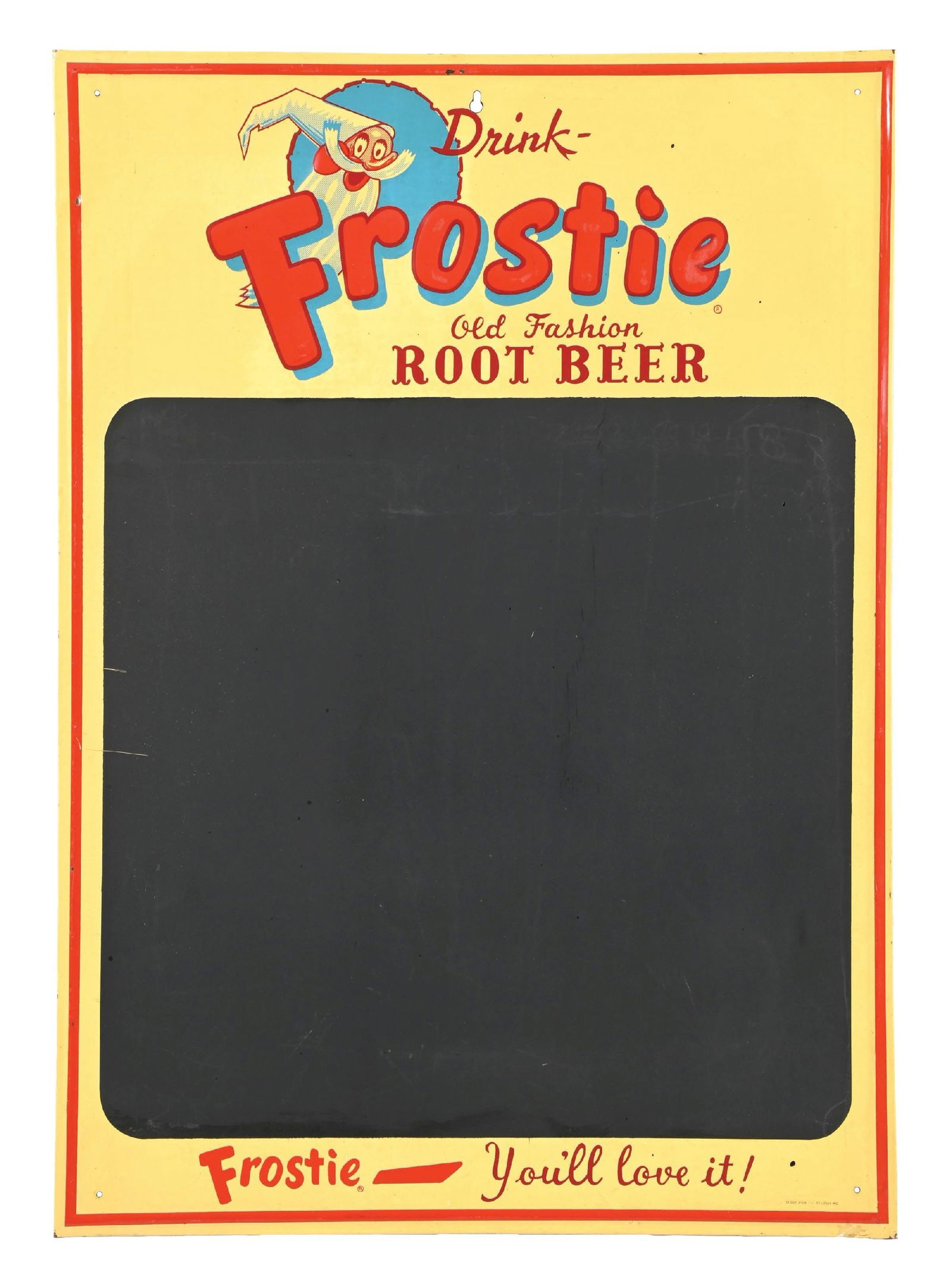 NOS FROSTIE ROOT BEER CHALKBOARD: SST. CONDITION: Marked for the Stout Sign Co., showing some light surface scratches to the left edge, with no other surface scratches noted in the field. Modest edge wear. Condition: (9.0).