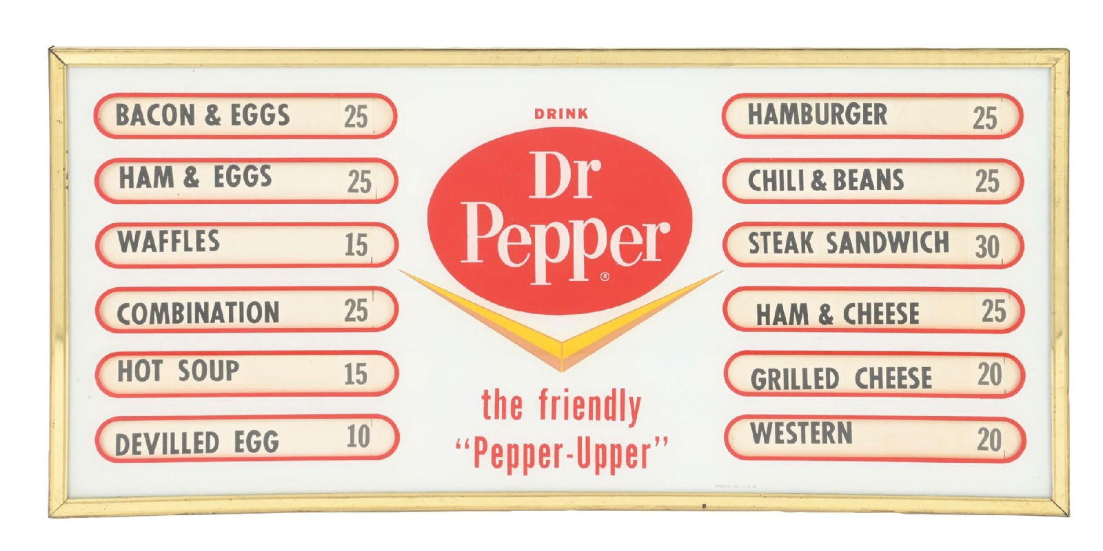DR. PEPPER RESTAURANT MENU GLASS SIGN: Single-Sided Glass. Maker marked Mirro Products Co. CONDITION: Outstanding color and gloss, showing no notable wear to the glass with excellent Dr. Pepper script. Minor wear to the outer metal frame