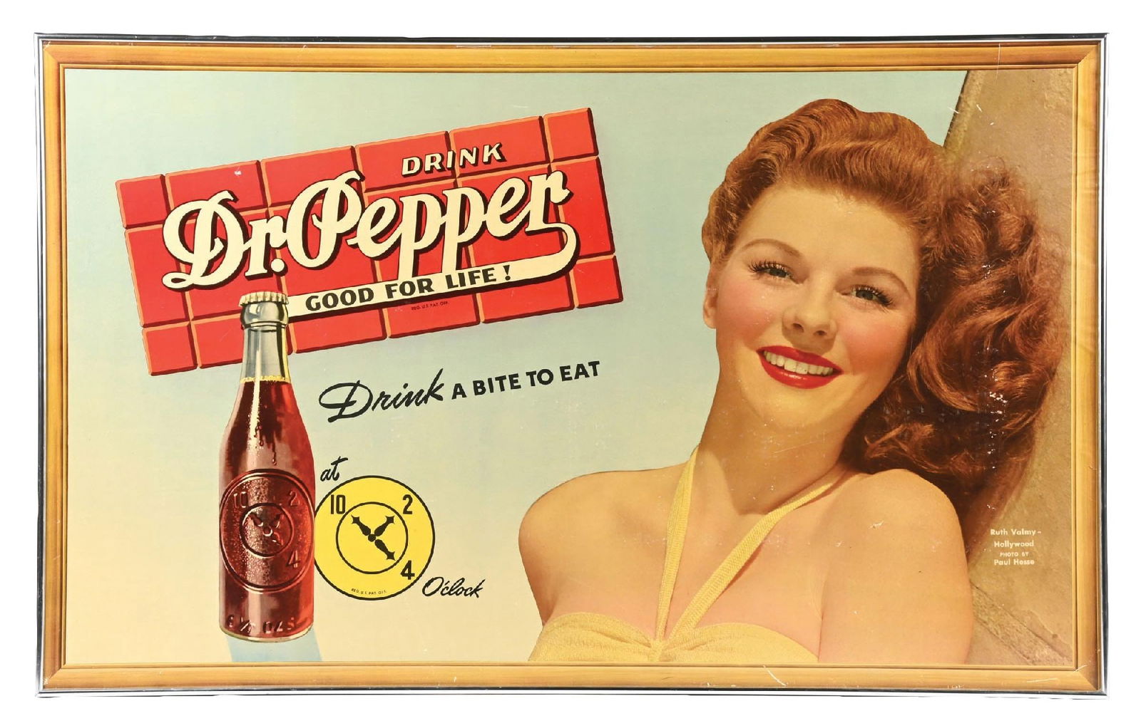 DR. PEPPER "DRINK A BITE TO EAT" FRAMED CARDSTOCK POSTER W/ RUTH VALMY GRAPHIC: Single-Sided Cardstock. CONDITION: Excellent color throughout, showing light areas of minimal surface wear with excellent condition graphics. Poster shows professional outer metal framing, which displ