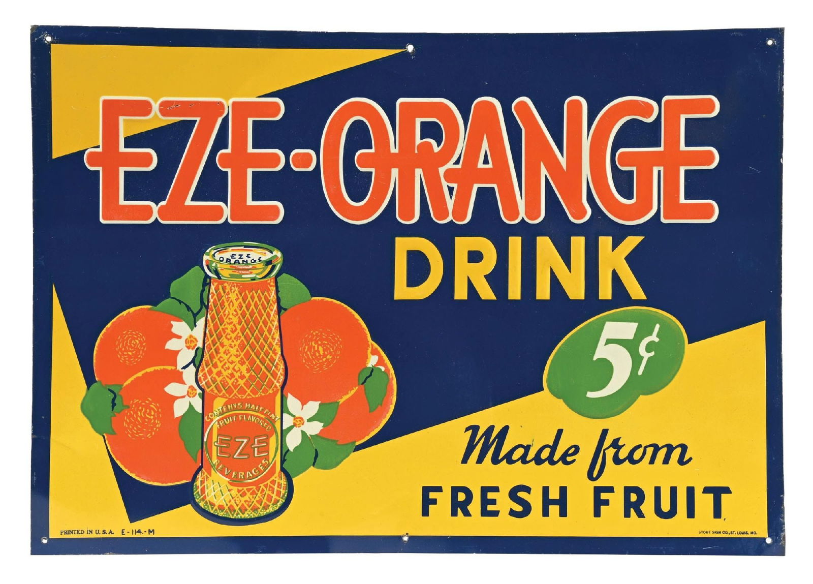 DRINK EZE-ORANGE EMBOSSED TIN SIGN W/ BOTTLE GRAPHIC (1 of 4)