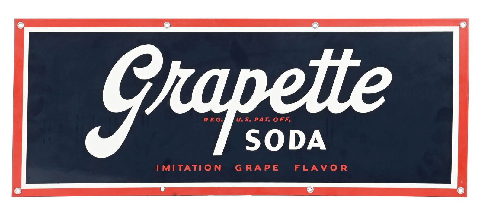 GRAPETTE SODA PORCELAIN SIGN: SSP. CONDITION: Excellent color with good gloss, showing no field chipping. Mounting holes in excellent condition, with light wear along the outer edges. An excellent example. Condition: (9.0). Dimens