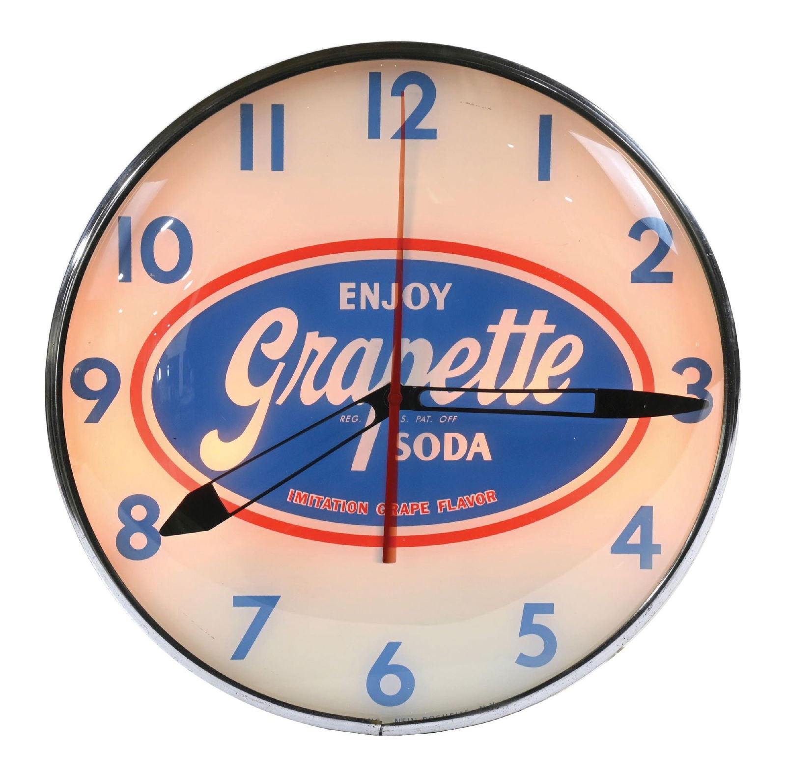 GRAPETTE LIGHT-UP BUBBLE CLOCK: CONDITION: Showing original clock by the Pam Clock Co., with original glass clock face, original hands and bubble, with aluminum can. Showing a light fade overall to the blue color on the Grapette clo