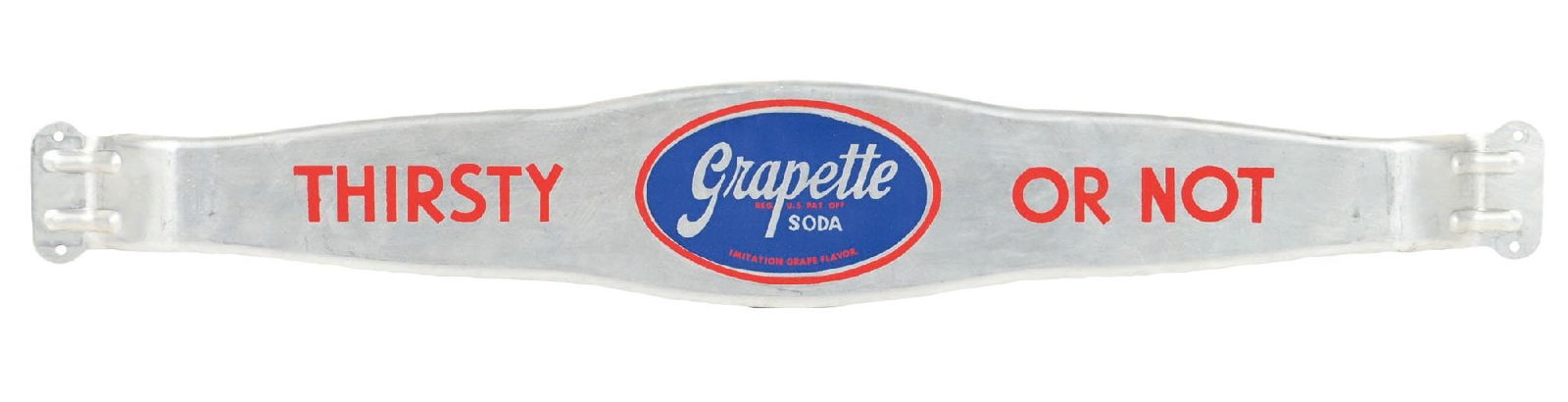 GRAPETTE SCREEN DOOR PUSH: CONDITION: Aluminum door push for Grapette Soda, showing light wear overall with light surface scratches in the aluminum. Condition: (9.0). Dimensions: 29 - 1/2" x 4 - 1/2".