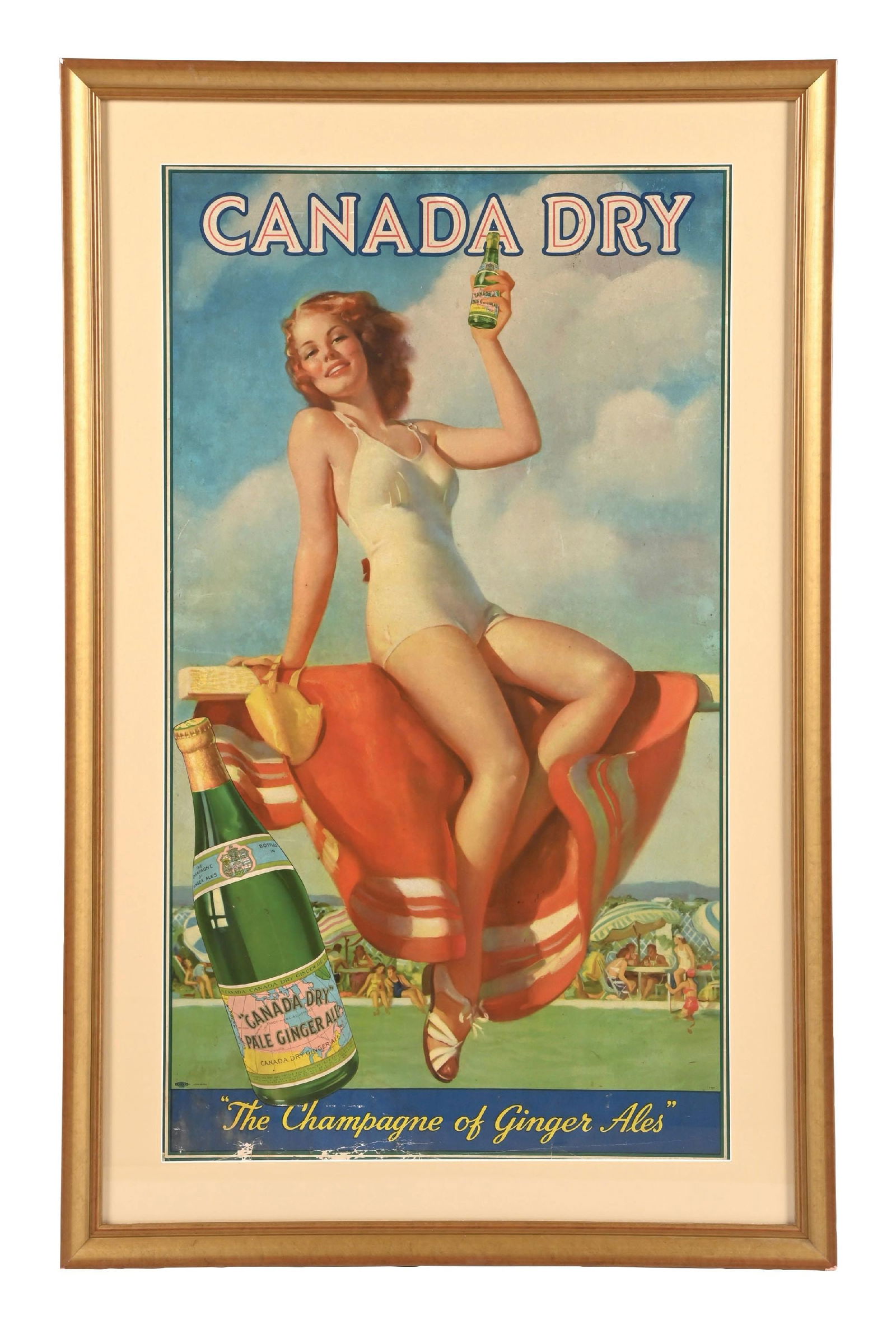 CANADA DRY "THE CHAMPAGNE OF GINGER ALES" FRAMED ADVERTISEMENT: Canada Dry Ginger Ale lithograph professional framed and matted. CONDITION: Showing strong color with moderate edge wear. There is an area of damage to the cardboard at the lower edge, as well as seve