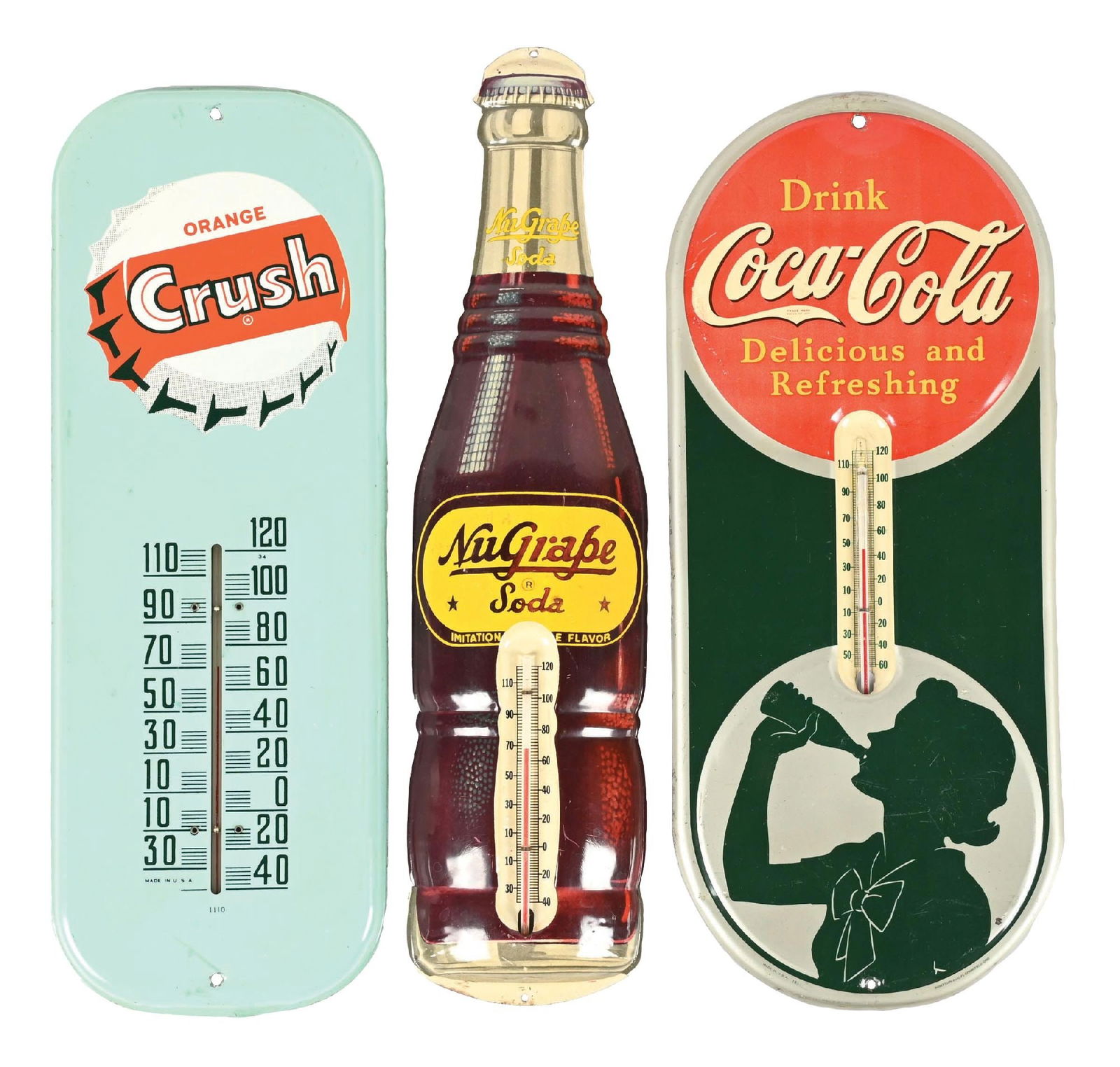 COLLECTION OF 3: SOFT DRINK THERMOMETERS: CONDITION: (A) A Nugrape bottle thermometer embossed tin, showing good color and shine. It shows an original thermometer with light surface scratches overall. (9.0). (B) A Coca-Cola silhouette girl th