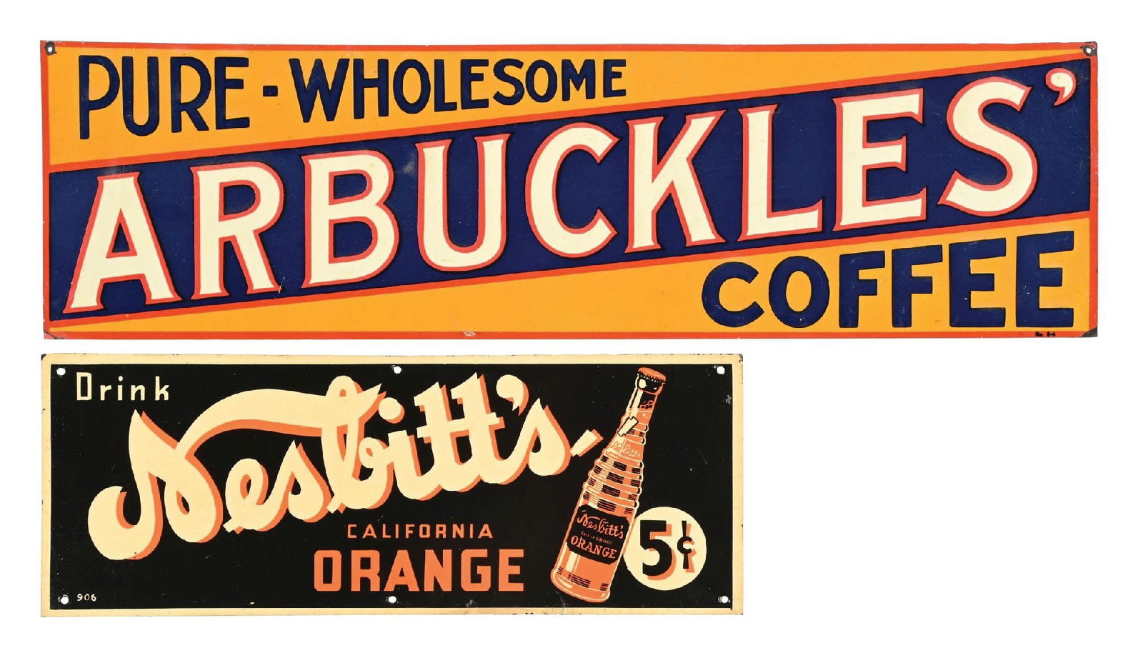 PAIR OF ARBUCKLE'S COFFEE & NESBITT'S ORANGE STRIP SIGNS: CONDITION: (A) SST. A Nesbitt's Orange strip sign, showing some light edgewear and two additional mounting holes added at the bottom and top middles. It shows some light surface scratches to the main