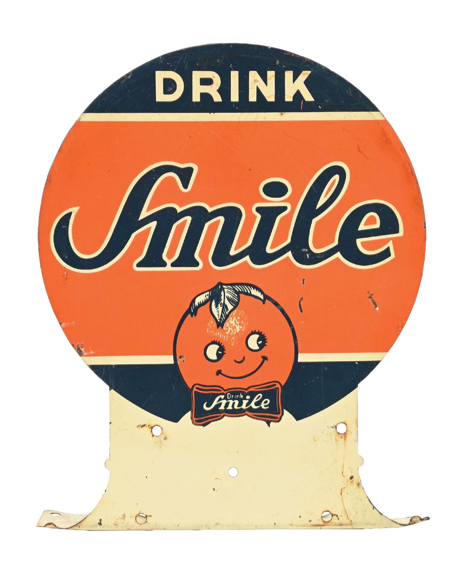 DRINK SMILE SODA POP TIN FLANGE SIGN: DST. CONDITION: Sign shows bright color and gloss throughout each side, with areas of minor surface scratching and paint wear in the fields. Sign shows minor wear at the mounting holes, with light wea