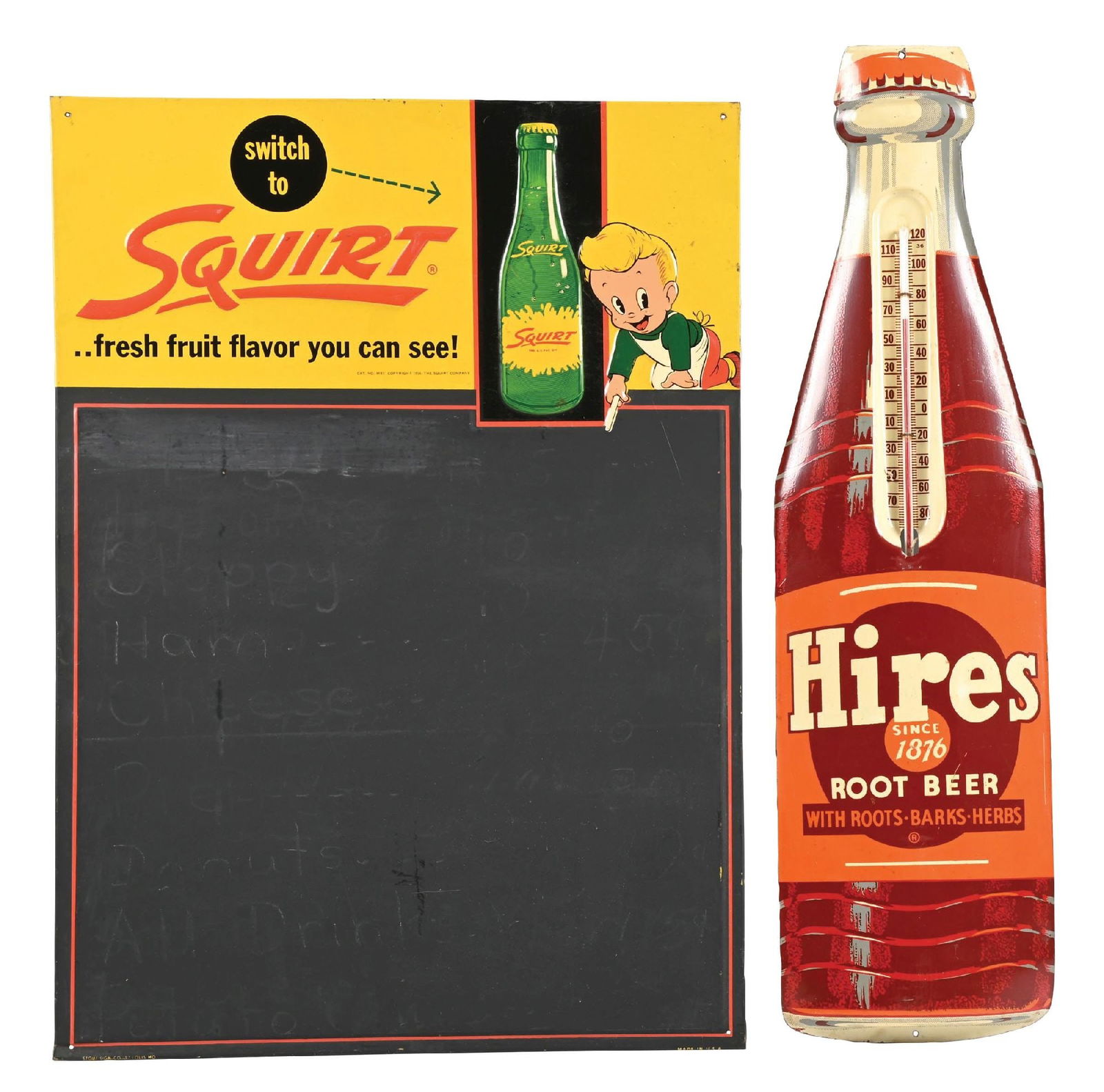 PAIR OF SODA ADVERTISING SIGNS: CONDITION: (A) Die-cut Hires Root Beer thermometer, marked "Made in the USA", showing original thermometer, light wear overall, with some light surface scratches in the main field. (8.5) (B) Squirt