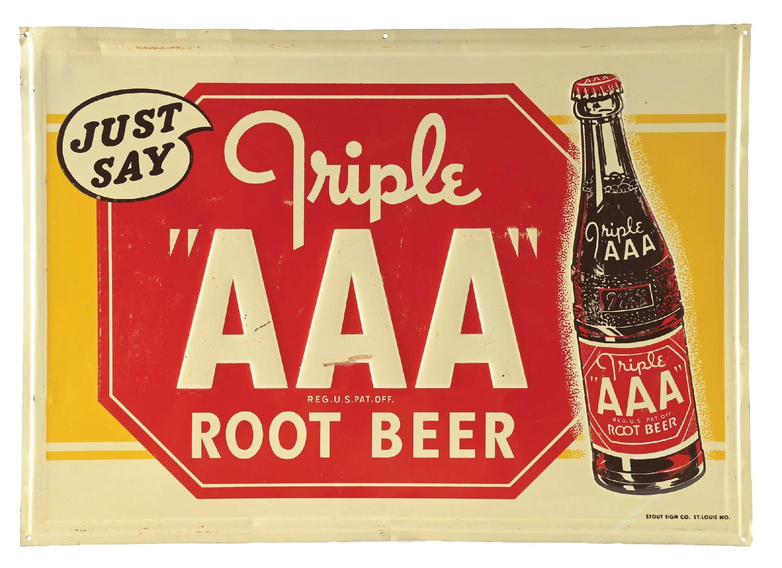 TRIPLE A ROOTBEER EMBOSSED TIN SIGN W/ BOTTLE GRAPHIC. (1 of 3)