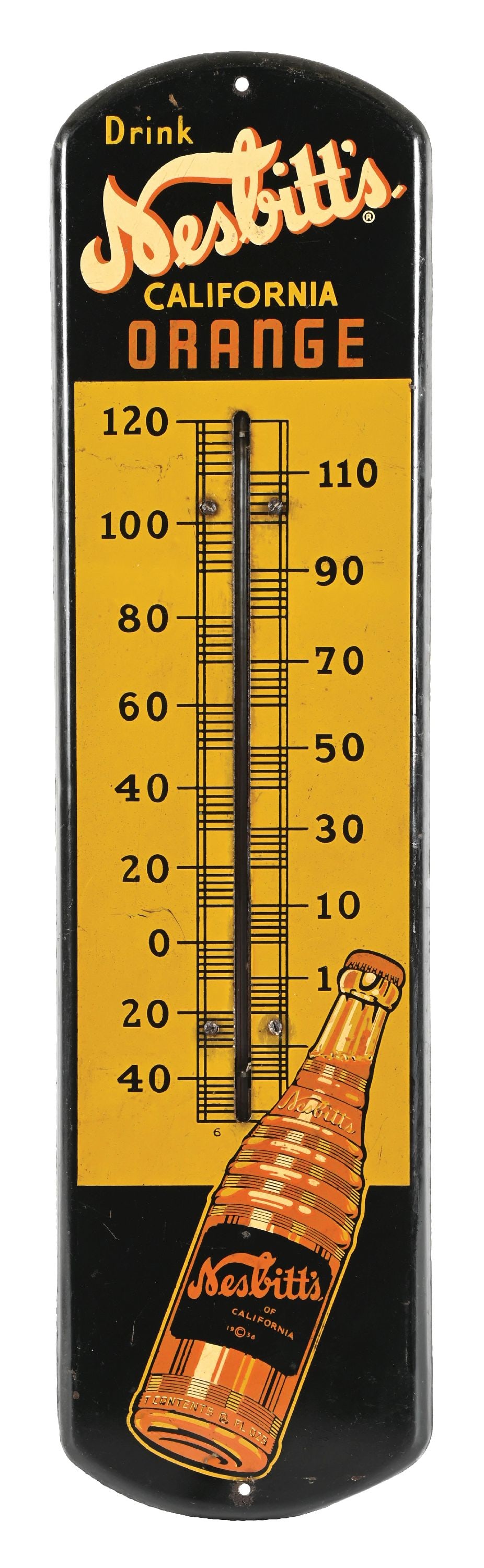 TIN ADVERTISING THERMOMETER FOR NESBITT'S ORANGE SOFT DRINK: SST. CONDITION: It shows moderate color and shine, as well as light surface scratches overall in the main field. Light to modest wear and areas of missing paint at the mounting holes. Condition: (8.0)
