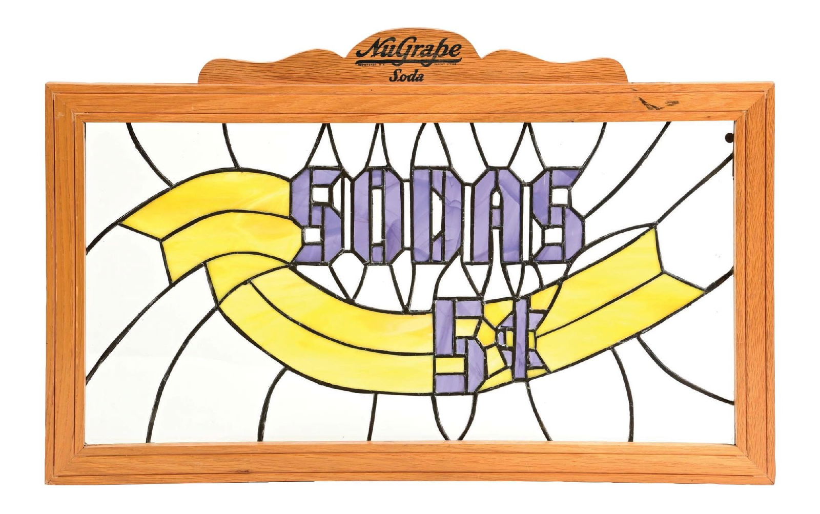 NUGRAPE SODAS 5¢ FRAMED STAIN GLASS SIGN.: CONDITION: This is a vintage frame that was used for a cardboard Nu-Grape sign that has a contemporary art glass Sodas insert. Showing light wear overall. Condition: Very Good Dimensions: Frame: 18 -