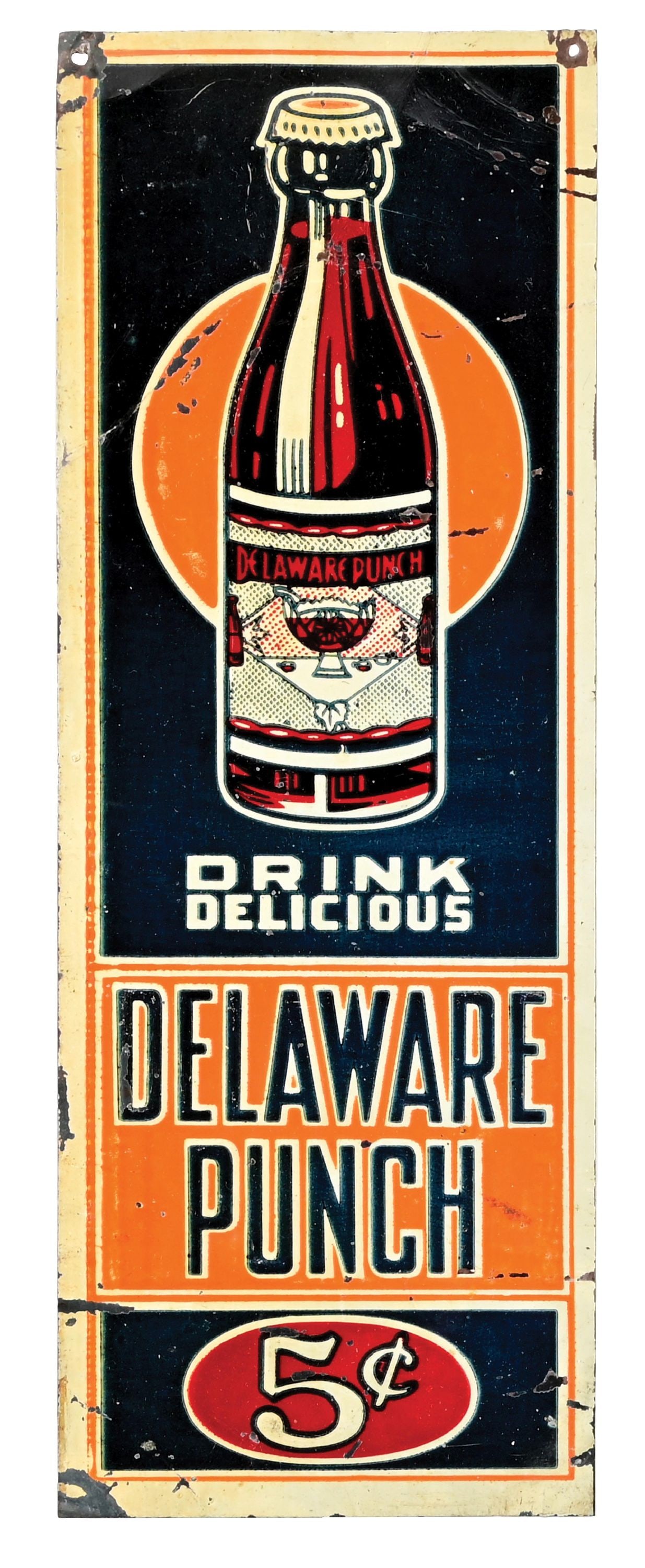 DRINK DELICIOUS DELAWARE PUNCH EMBOSSED TIN SIGN W/ BOTTLE GRAPHIC (1 of 2)