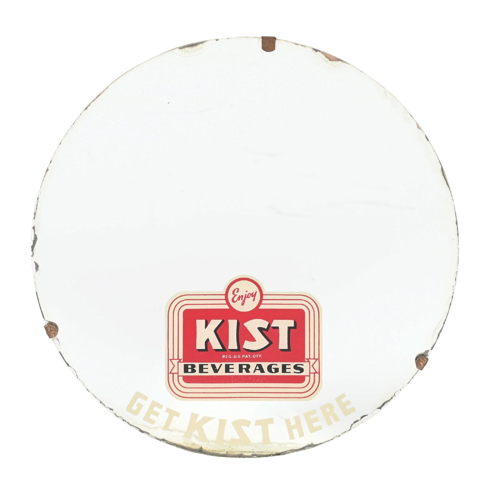KIST BEVERAGES ADVERTISING MIRROR: CONDITION: Overall nice, showing clean advertising mirror face with excellent Kist image and script. Light wear to the mirror along the edges with minor wear to the bracing and backing. Condition: (7.