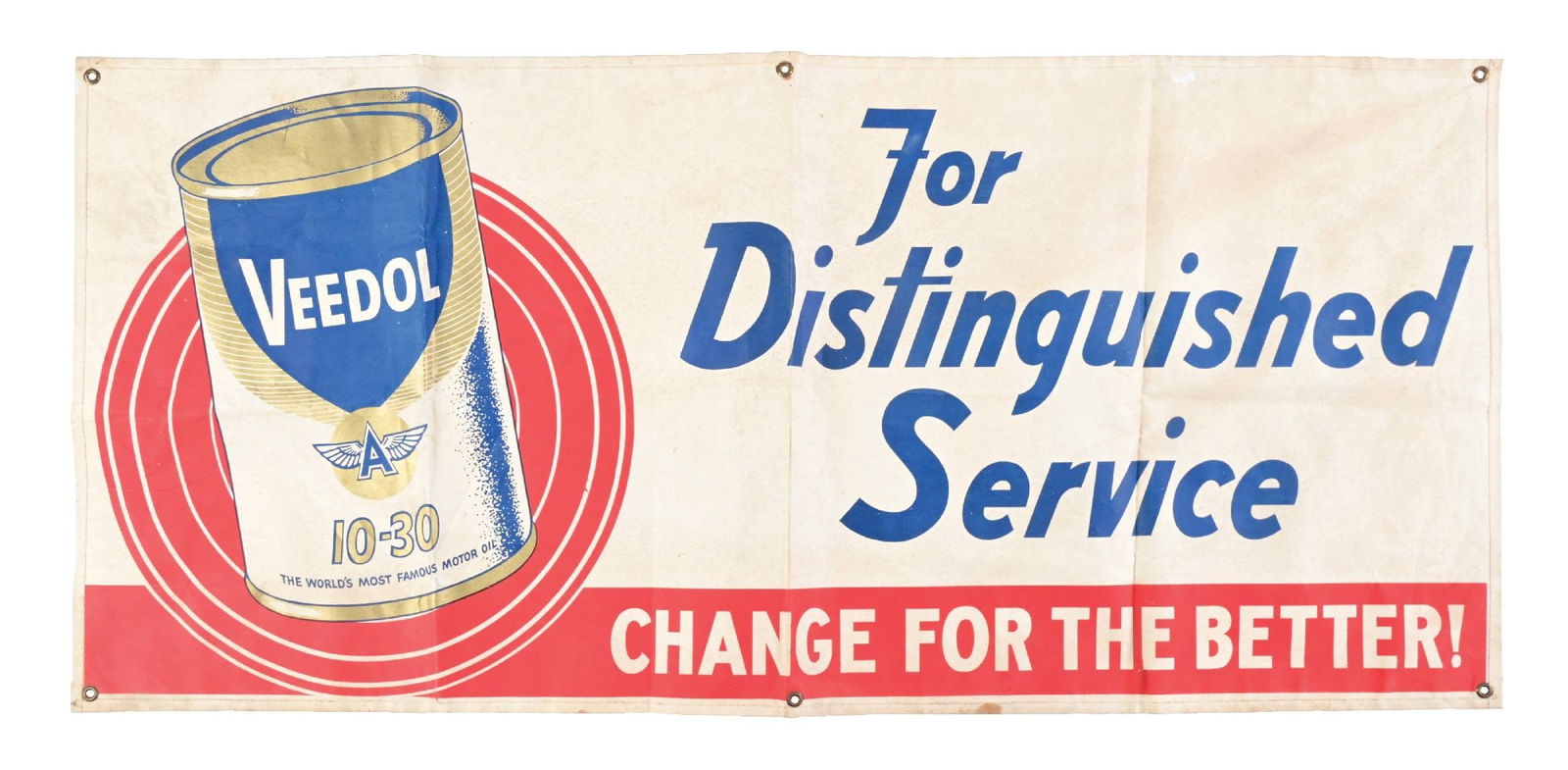 VEEDOL 10-30 MOTOR OIL "FOR DISTINGUISHED SERVICE" SERVICE STATION BANNER (1 of 2)