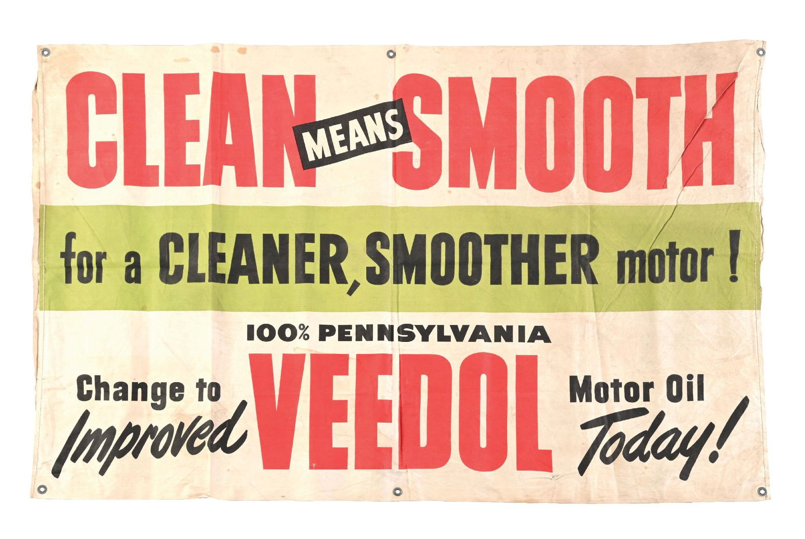 CLEAN MEANS SMOOTH CHANGE TO IMPROVED VEEDOL MOTOR OIL SERVICE STATION CLOTH BANNER (1 of 2)