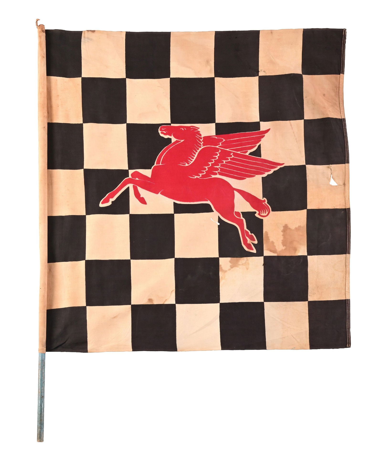 MOBIL OIL SERVICE STATION CHECKERED FLAG W/ PEGASUS GRAPHIC.: Double Sided Cloth Flag. C. 1950's. CONDITION: Overall nice with a great age & patina showing areas of browning and staining with clean Pegasus graphic. Two minor tears in the outer fields, original s