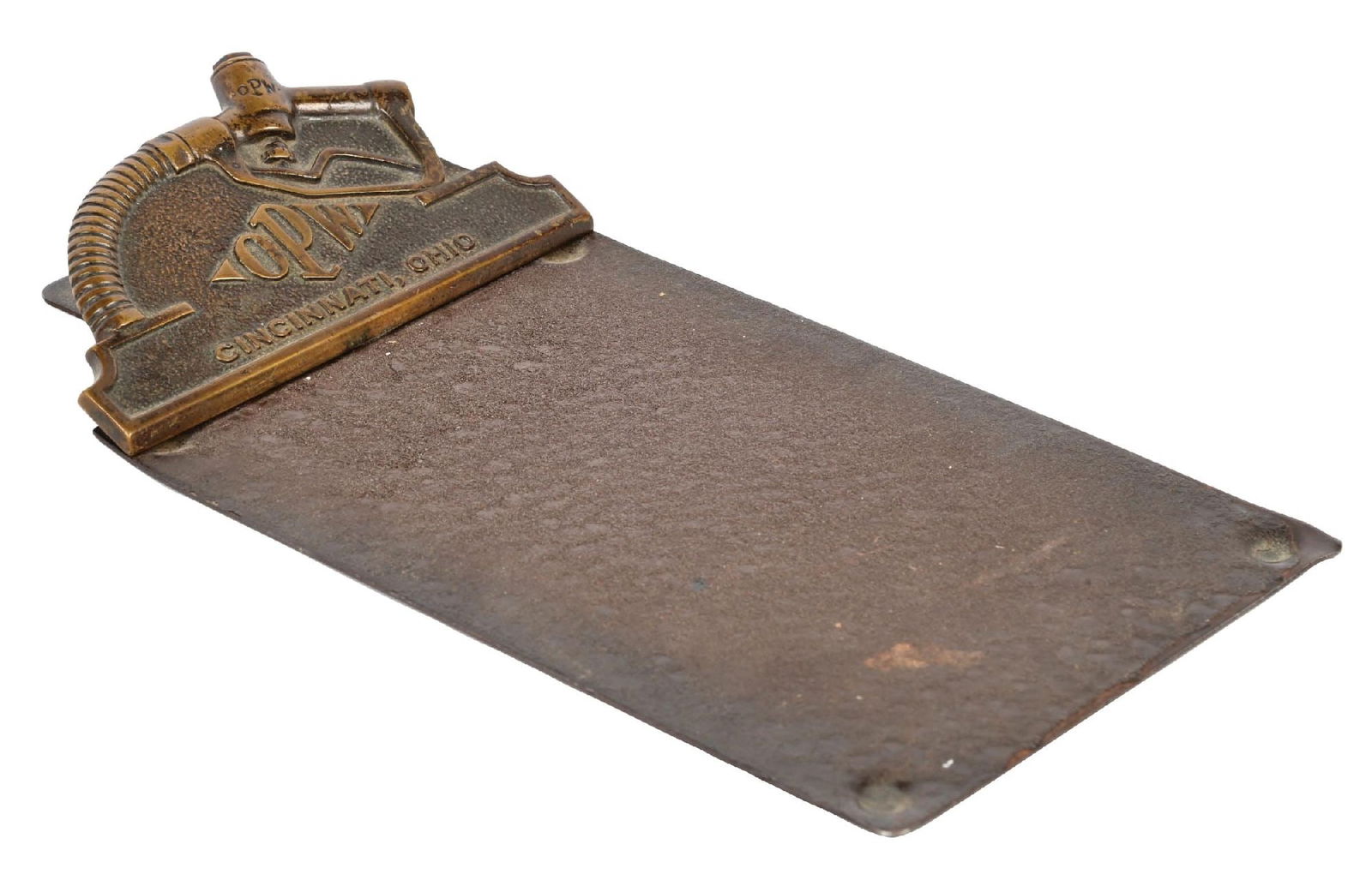 OPW STAMPED BRASS CLIP BOARD WITH GAS PUMP NOZZLE GRAPHIC (1 of 4)