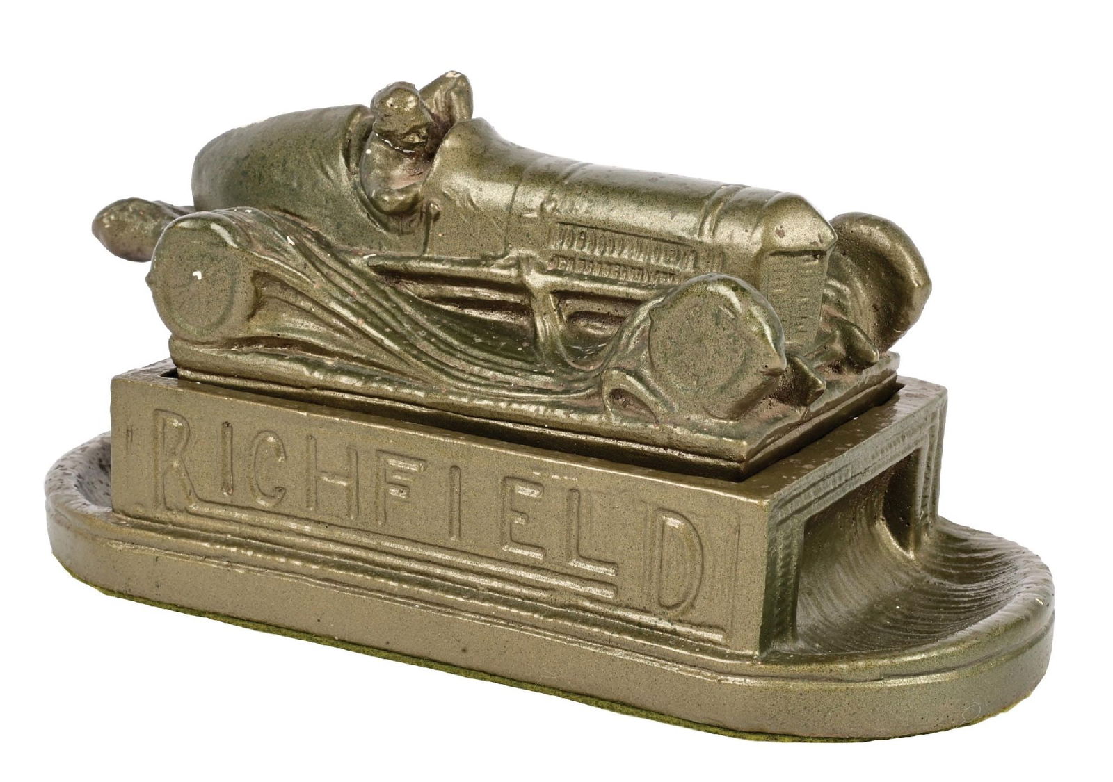 RICHFIELD OIL COMPANY DESK CIGARETTEE BOX & ASHTRAY.: Contemporary reproduction of the original plaster Richfield Ashtray & Cigarette Desk Box. CONDITION: Light general age and use wear but overall clean showing iconic race car graphic. Condition: (8.0).