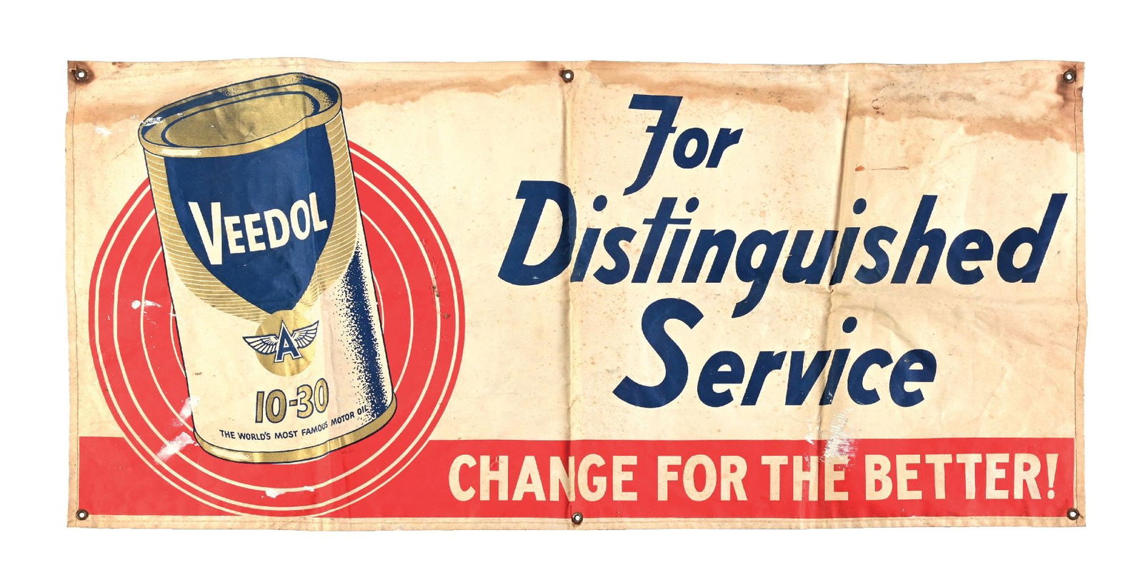 VEEDOL 10-30 MOTOR OIL "FOR DISTINGUISHED SERVICE" CLOTH SERVICE STATION BANNER (1 of 2)