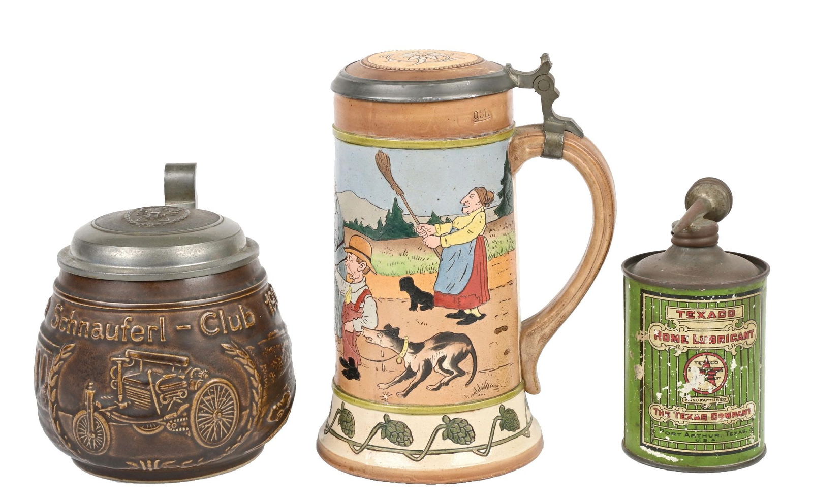 COLLECTION OF 3: AUTMOTIVE BEER STEINS & TEXACO HOME LUBRICANT HANDY OILER.: Collection Consists Of: One Texaco Home Lubricant Handy Oiler and two Automotive Related Beer Steins. CONDITION: Each in fair condition showing general wear. Handy Oiler showing heavier paint scratchi