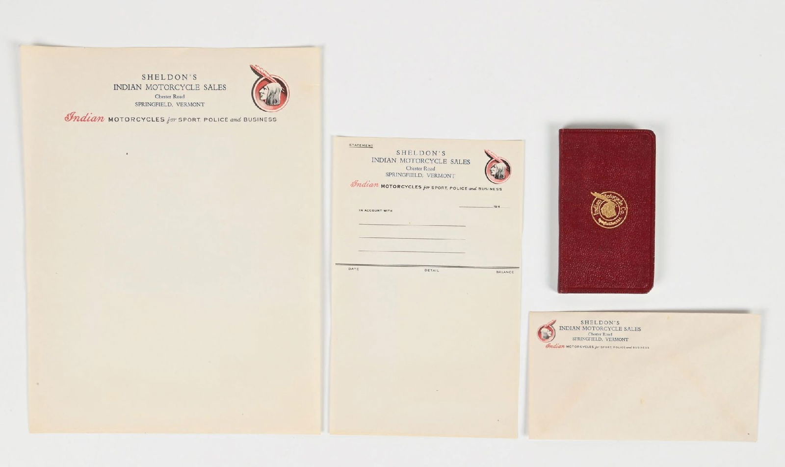 COLLECTION OF 4: SHELDON'S INDIAN MOTORCYCLE SALES FORMS, ENVELOPE AND POCKET NOTEBOOK (1 of 3)